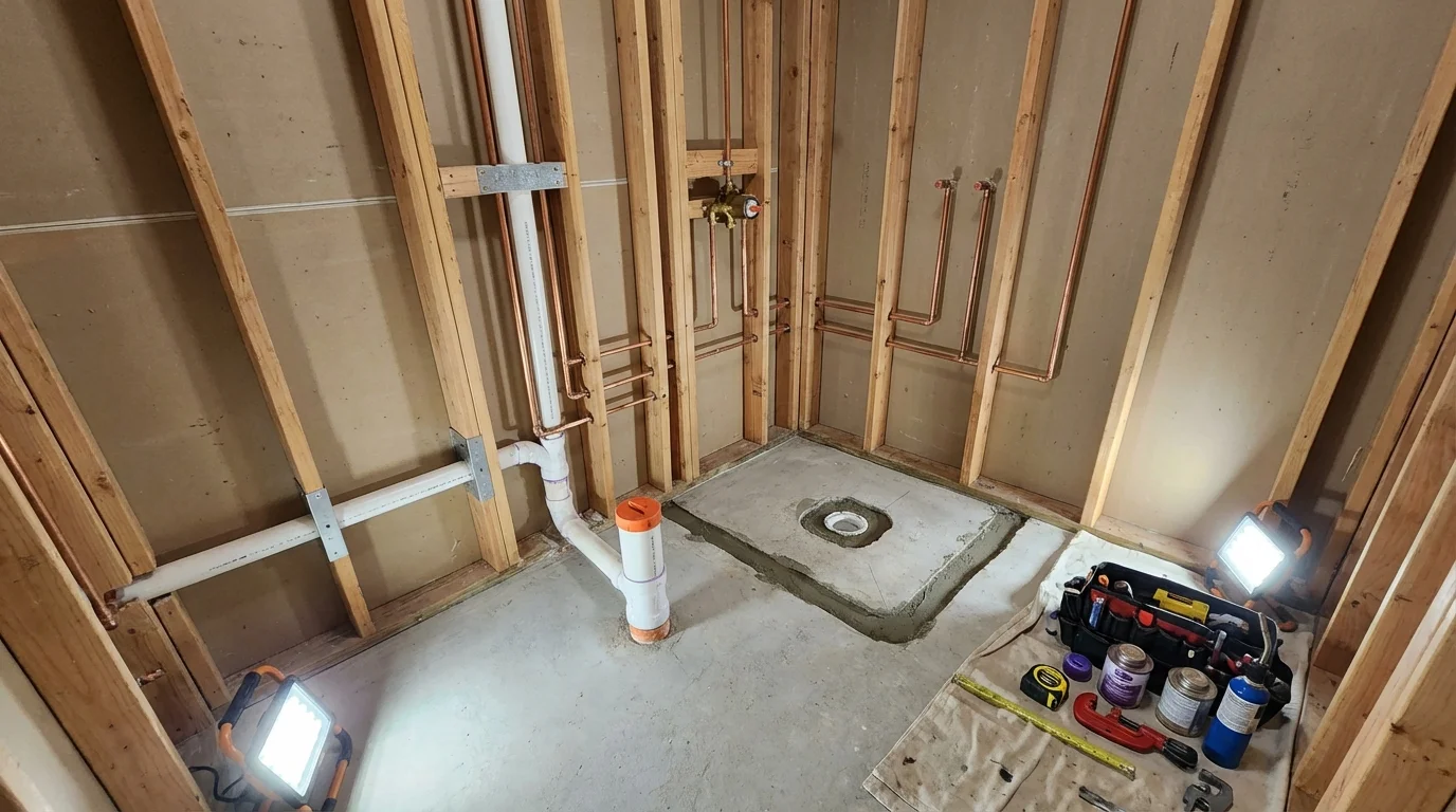 Bathroom rough-in plumbing during remodel by Johns Plumbing LLC in Taylor