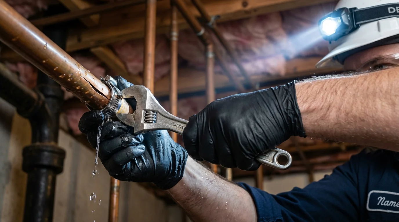 Emergency pipe clamp repair being performed by a Johns Plumbing LLC plumber in Taylor