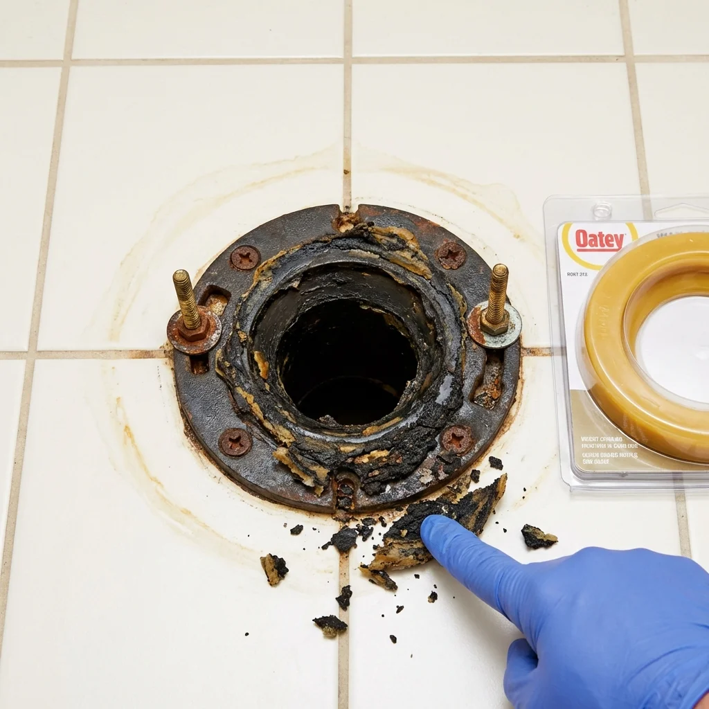 Failed wax ring showing water seepage at the base of a toilet in a Taylor, NE home