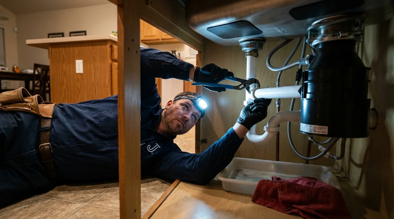 P-trap and supply line connections under a kitchen sink showing a common leak point in Taylor, NE